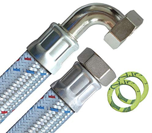 H2O-Flex Panzerschlauch 1ÜM x 1ÜM mit Bogen, DN25, Länge 70 cm, Silber, Made in Germany