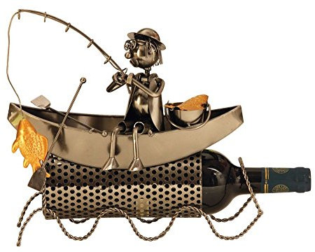 Mel-O-Design Extravaganter Wein Flaschenhalter Fischer im Boot aus Metall Höhe 27 cm