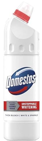 Domestos White & Sparkle Thick Bleach disinfectant that eliminates 99.99% of bacteria and viruses* unstoppable whitening power 750 ml