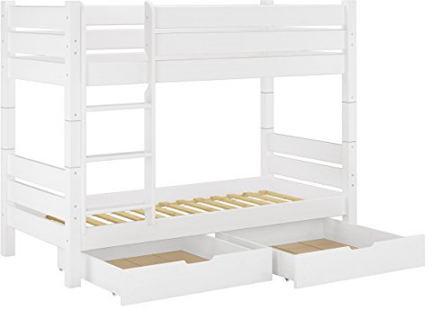 Erst-Holz Kiefer-Stockbett weiß 100x200 Etagenbett Hochbett teilbar Rollrost Bettkasten 60.16-10WT80S2