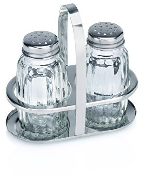 MENAGE SERIE 1480 (Höhe: 10 cm) aus Edelstahl mit Einsätzen aus Glas - 2-teilig, mit Salz- und Pfefferstreuer