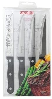 apollo THE HOUSEWARES BRAND Set of 4 Stainless Steel Steak Knives - Easy Cut Serrated Blade - Ergonimic Handles - Steel / Black Riveted, 23.5x12.5x1.5