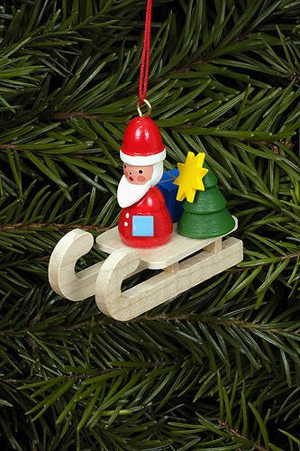 Baumbehang Weihnachtsmann auf Schlitten, vom Erzgebirge
