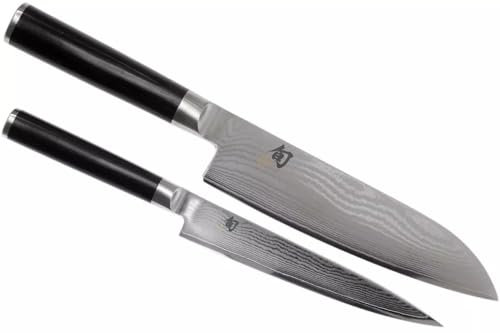 KAI Shun Classic set di coltelli da cucina giapponesi 2 pezzi - Santoku lunghezza lama 18 cm + Coltello multiuso lunghezza lama 15 cm - Coltelli damascati 32 strati VG MAX Core - 61 (±1) HRC