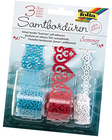 folia 12704 - Samtbordüren Sommer, 3 Rollen, sortiert, selbstklebend - ideal zum Verzieren von Wohnaccessoires, Bastelarbeiten und Karten