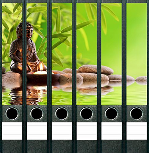 6 Stück Buddha Feng Shui Aufkleber für schmale Ordnerrücken Ordneraufkleber Etiketten selbstklebend Mönch Steine Bambus beruhigendes Wasser Flamme Kerze