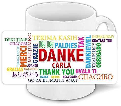 Danke-Tasse mit Namen Carla und schönem Motiv in vielen Sprachen