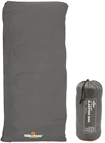 Milestone Camping Rectangular Sleeping Bag for Adults & Kids | Insulated 2 Season for Camping, Hiking, Outdoor Holidays | Grey & Orange | Packs Down Tight | 170cm x 75cm