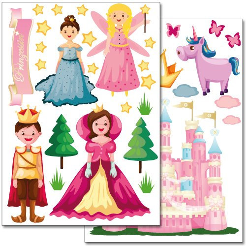 Wandkings Prinzessinnen Welt Wandsticker Set, 38 Aufkleber, 2 DIN A4 Bögen, Gesamtfläche 60 x 20 cm