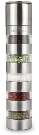ROMINOX Geschenkartikel Gewürzmühle // Variation – Dekorative Gewüzmühle mit 5 separaten Gewürzkammern, verstellbares Keramikmahlwerk – praktisch und platzsparend; Maße: ca. 5.5 x 5.5 x 24.5 cm