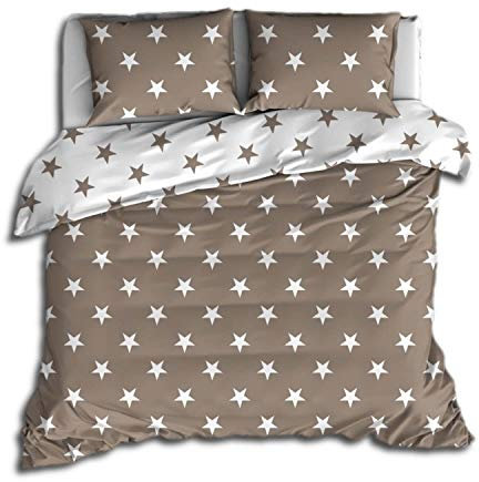 Trend Bettwäsche Sterne Taupe Weiß Stars Wendeoptik Perkal Größe: 135 cm x 200 cm