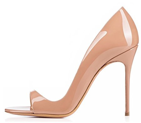 EDEFS Damen Peep Toe Pumps Offene High Heels Lack Stilettos Schuhe Beige Größe EU43