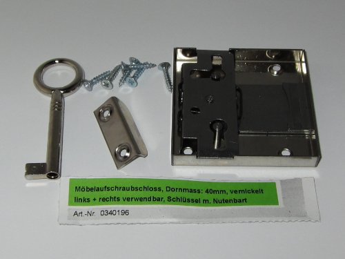 Möbelaufschraubschloss, Dornmass 40 mm, vernickelt, links und rechts verwendbar, Schlüssel mit Nutenbart, 0340196