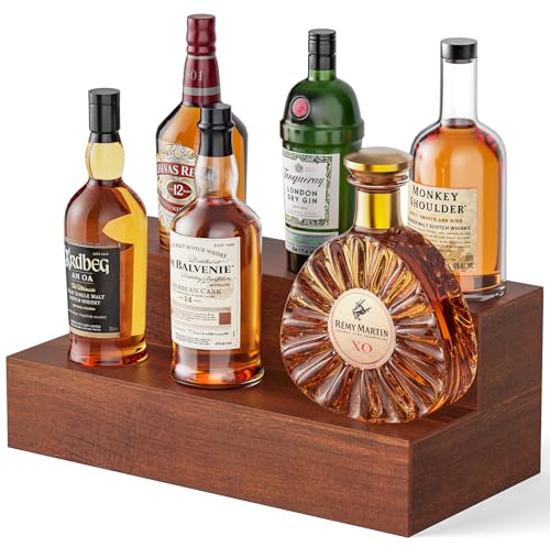 B4Life Liquor Bar Bottle Display Shelf, 2 Tier Real Wood Bar Shelves for Liquor Bottles, Bar Shelf for Liquor (Brown)
