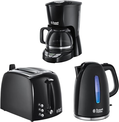 Russell Hobbs 3er Frühstücksset: Glas-Kaffeemaschine (programmierbarer Timer) + Wasserkocher (2400W, LED Beleuchtung) + Toaster (extra breite Toastschlitze) [Serie Textures Plus]