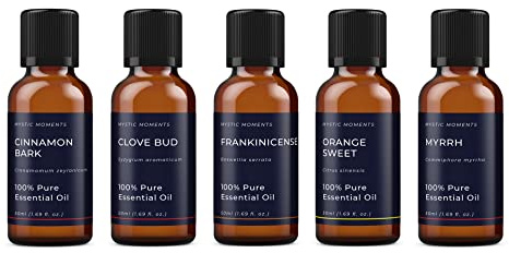 Mystic Moments | Christmas Essential Oil Starter Pack | 5x50ml | Five essential oils: Cinnamon Bark, Clove Bud, Frankincense, Myrrh and Orange Sweet for diffusers, burners and DIY blends.