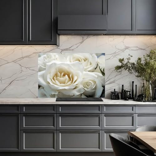 banjado Küchenrückwand Glas ohne Bohren 75x50cm – Glasrückwand Küche mit Motiv White Roses/Spritzschutz Küchenrückwand Glas/selbstklebende Küchenrückwand Platte - magnetisch & beschreibbar