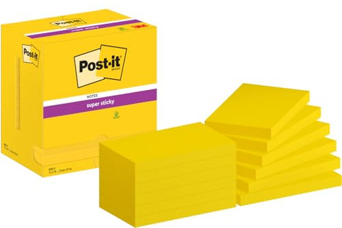 Post-it Super Sticky Notes, Packung mit 12 Blöcken, 90 Blatt pro Block, 127 mm x 76 mm, Farbe: Gelb - Extra-stark klebende Notizzettel für Notizen, To-Do-Listen und Erinnerungen