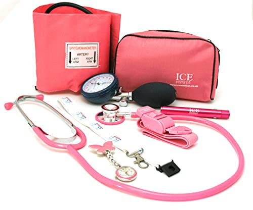 Aneroid Blood Pressure Sphygmomanometer Monitor, Stethoscope, Pen Light (Pen Torch), Tourniquet, Nurse Watch, Lanyard ID Card Holder - Starter Set (Pink with Butterfly Watch)
