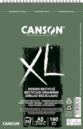 CANSON XL Recycled Drawing 160gsm A5 Paper, Fine Honeycomb Grain, Spiral Pad Short Side, 25 White Sheets, Ideal for Professional Artists & Illustrators