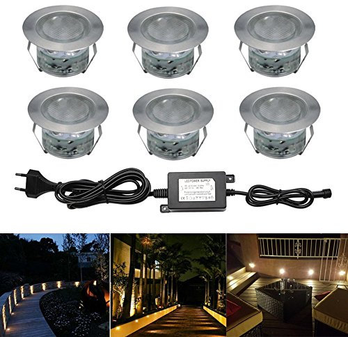 CHNXU LED Bodeneinbaustrahler 6er Set Ø45mm 1W Terrassen Einbaustrahler Aussen 12V IP67 Wasserdicht Terrassenstrahler Licht für Küche Garten Treppen Balkon Terrasse, Warmes Weiß