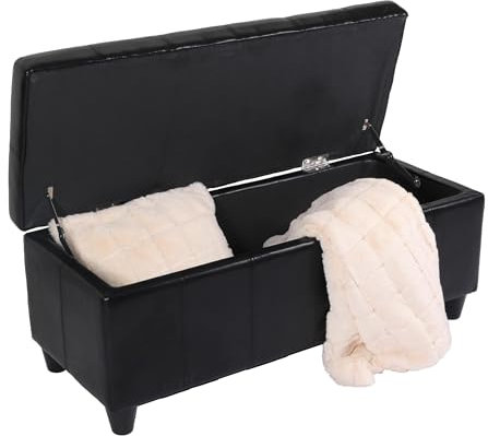 Mendler Bank Sitzbank MIT Aufbewahrung Kriens Leder + Kunstleder 112x45x45cm FSC®-Zertifiziert - schwarz