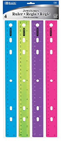 BAZIC Products 12 in Jeweltones Color Ruler, Inch & Metric, 4 Pack