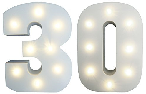 Buzz 30th Birthday Light - Up Numbers Party Lights - White Wooden LED Light Up Number 30 - Free Standing or Wall Mounted Light Decoration - 15 cm