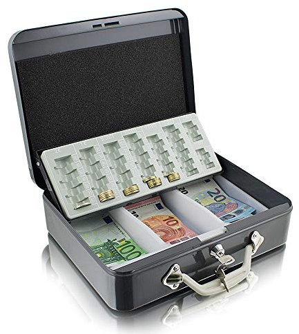 Stahl Geldkassette 30 cm groß, Geldkoffer, flach abschließbar Transportkassette Dunkelgrau 300mm x 240mm x 90mm (B/T/H)