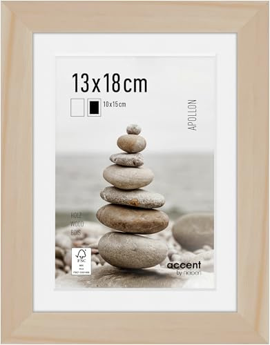 accent by nielsen Holz Bilderrahmen Apollon, 13 x 18 cm, Hellbraun | Holz Fotorahmen mit Passepartout im Hoch- & Querformat zum Auftstellen und Aufhängen Hellbraun matt Echtglas