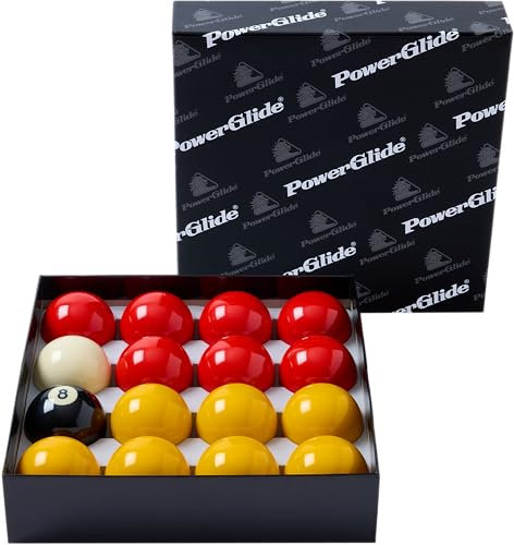 PowerGlide 16 Ball Pool Billiards Set | Reds and Yellows | Tournament | Full Size 2 1/4 / 57.0mm Diameter | Boxed, Yellow/Red