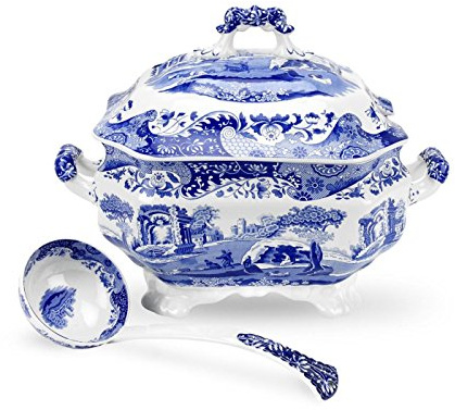 Spode Blue Italian Soup Tureen and Ladle Set | Covered Serving Dish for Soup | Made of Fine Porcelain | 3 Quart Capacity | Dishwasher and Microwave Safe | Blue/White