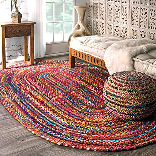 Nuloom Tammara Multicolor, 3' x 5' Oval, Hand Braided, Bohemian, Cotton, Soft and Cozy, High Traffic, Stain Resistant, Easy Clean, Durable Area Rug for Bedroom, Living Room, Dining, Den, Entryway