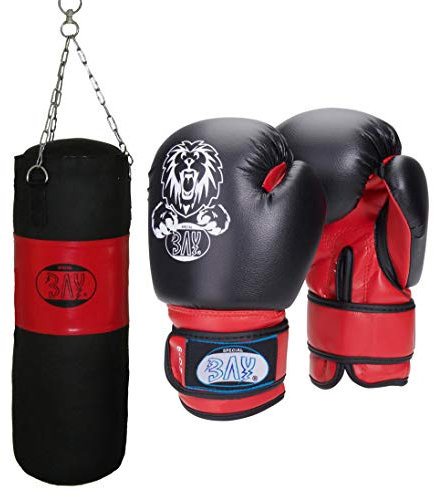 BAY® LEON BOXSET Plus 9 Kilo ca. 85 x 28 cm gefüllt mit Stahl Kette, für KIDS Jugendliche Kinder und mehr, Box-Set Sandsack Boxsack + Boxhandschuhe, Box- Handschuhe, Kids Junior Teens, schwarz/rot, fertig gefüllter + Stahlkette,