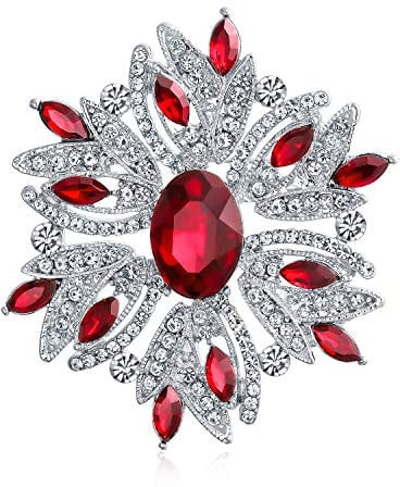 Große Statement Vintage Stil Crystal Flower Simuliert Red Ruby Crystal Brooch Pin For Freundin For Mother Silver Vergoldet