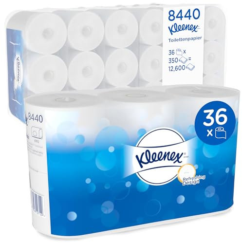 Kleenex Rouleaux de papier toilette 8440-3 plis - 36 rouleaux x 350 feuilles blanches (12 600 feuilles au total)