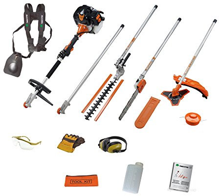 Timberpro - 5 in 1 Mehrzweck-Gartenwerkzeug mit 52 cc Benzinmotor. Inklusive: Rasentrimmer, Motorsense, Kettensäge und ausziehbarer Arm.