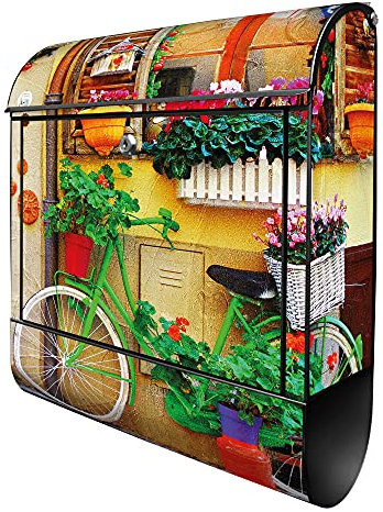 banjado® Design Briefkasten mit Grünes Fahrrad 38,5x46,5x13cm & 2 Schlüssel - Briefkasten Stahl schwarz mit Zeitungsfach pulverbeschichtet - Postkasten A4 Einwurf inkl. Montagematerial