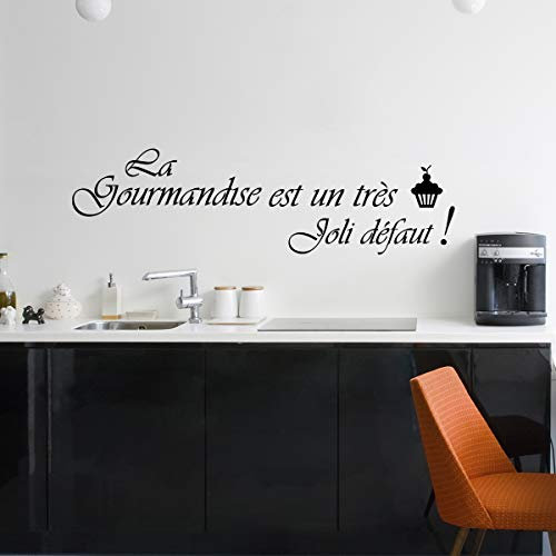 Sticker adhésif Mural Citation noir| Sticker Autocollant Citation LA GOURMANDISE EST UN TRES JOLI DEFAUT - Décoration Murale Salon | Imperméable/Amovible - 30 x 50 cm
