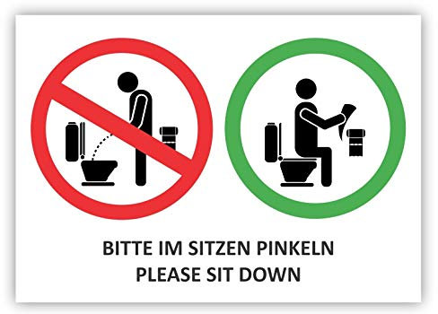 6 Stück - Folienaufkleber Bitte im Sitzen pinkeln Please sit down, Größe ca. 14,8 x 10,4 cm - (Auf-517) Toiletten Aufkleber WC Bad Klosett Klo im Sitzen benutzen nicht im Stehen