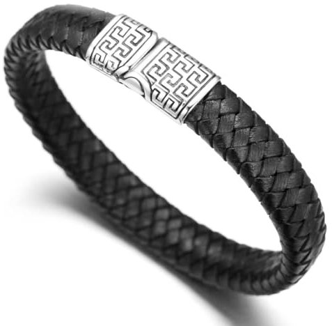 HALUKAKAH ● Solo ● Men's Genuine Black Leather Bracelet Titanium Clasp with Magnets 8.46(21.5cm) - with Giftbox