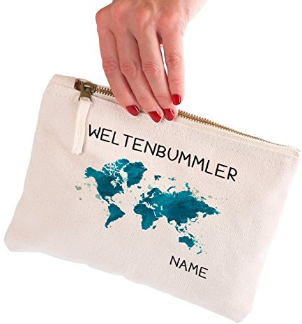 Herz & Heim® kleine Kulturtasche mit Wunschnamen für Weltenbummler Weltenbummler