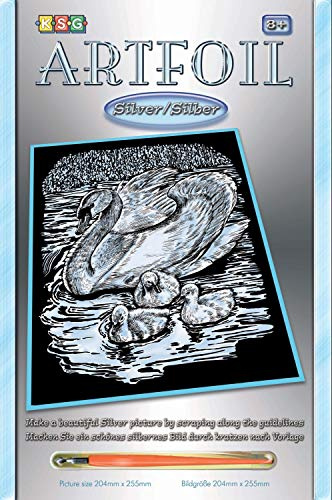 Mammut Spiel & Geschenk 0607 Silver-Schwäne, ca. 25,5 x 20,4 cm Artfoil, Animal Motif, Swans, Complete Set Picture, Knife and Instructions, Scraper, Glossy, Scratching Kit for Ages 8 Years