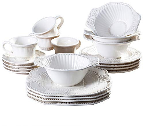 American Atelier Runde Geschirrsets | weiße Küchenteller, Schüsseln und Tassen | 20-teilige elegante Barock-Kollektion | spülmaschinen- und mikrowellengeeignet | Service für 4 Personen