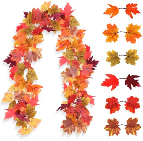 FGHB 2 Piezas Artificiales Hojas de Arce otoño Guirnalda 5.7Ft / Piezas de caída Colgando la Vid Guirnalda viñas Colgando Plantas Colorida decoración de otoño para casa Navidad Acción de Gracias Boda