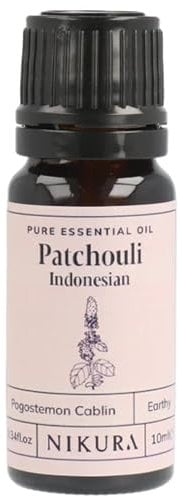 Nikura Patchouli (Indonesian) Essential Oil 10ml | 100% Pure Natural Oils | Perfect for Aromatherapy, Diffusers, Humidifier, Bath | Great for Self Care, Massage, Skin | Vegan & UK Made