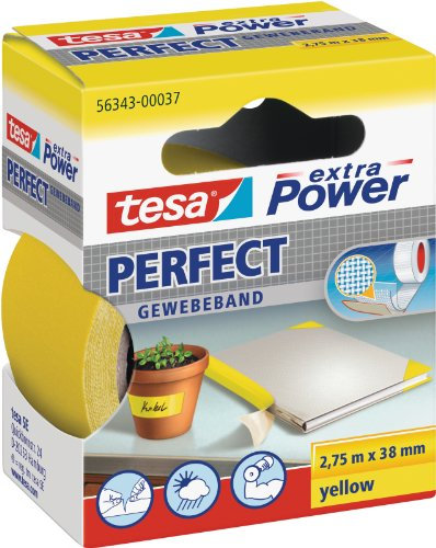 tesa extra Power Perfect Gewebeband - Gewebeverstärktes Ductape zum Basteln, Reparieren, Befestigen, Verstärken und Beschriften - Gelb - 2,75 m x 38 mm