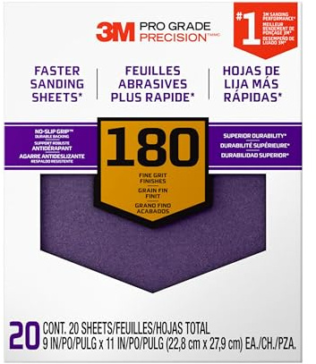 3M 26180CP-P-G 180 Grit Pro Grade No-Slip Grip Advanced Sandpaper (20 Pack), 9 x 11