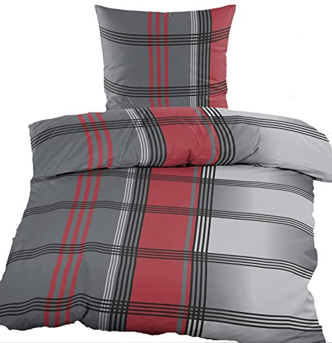 2-TLG. Biber Winter Bettwäsche 135x200 + 80x80cm, 100% Baumwolle, grau/rot Karo/Streifen (40128)