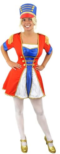 LADIES MAJORETTE COSTUME - RED WHITE & BLUE DRESS WITH GOLD TRIM + MATCHING RED & BLUE TALL HAT + MARCHING CANE - WOMENS CHEERLEADER NUTCRACKER TOY SOLDIER CHRISTMAS FANCY DRESS (X-SMALL)